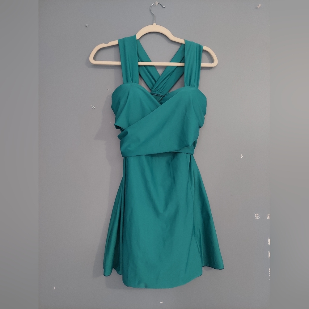 Women’s 46 DANIFY Crossover Swim Dress Bathing Suit Underwire Cups Teal EXC